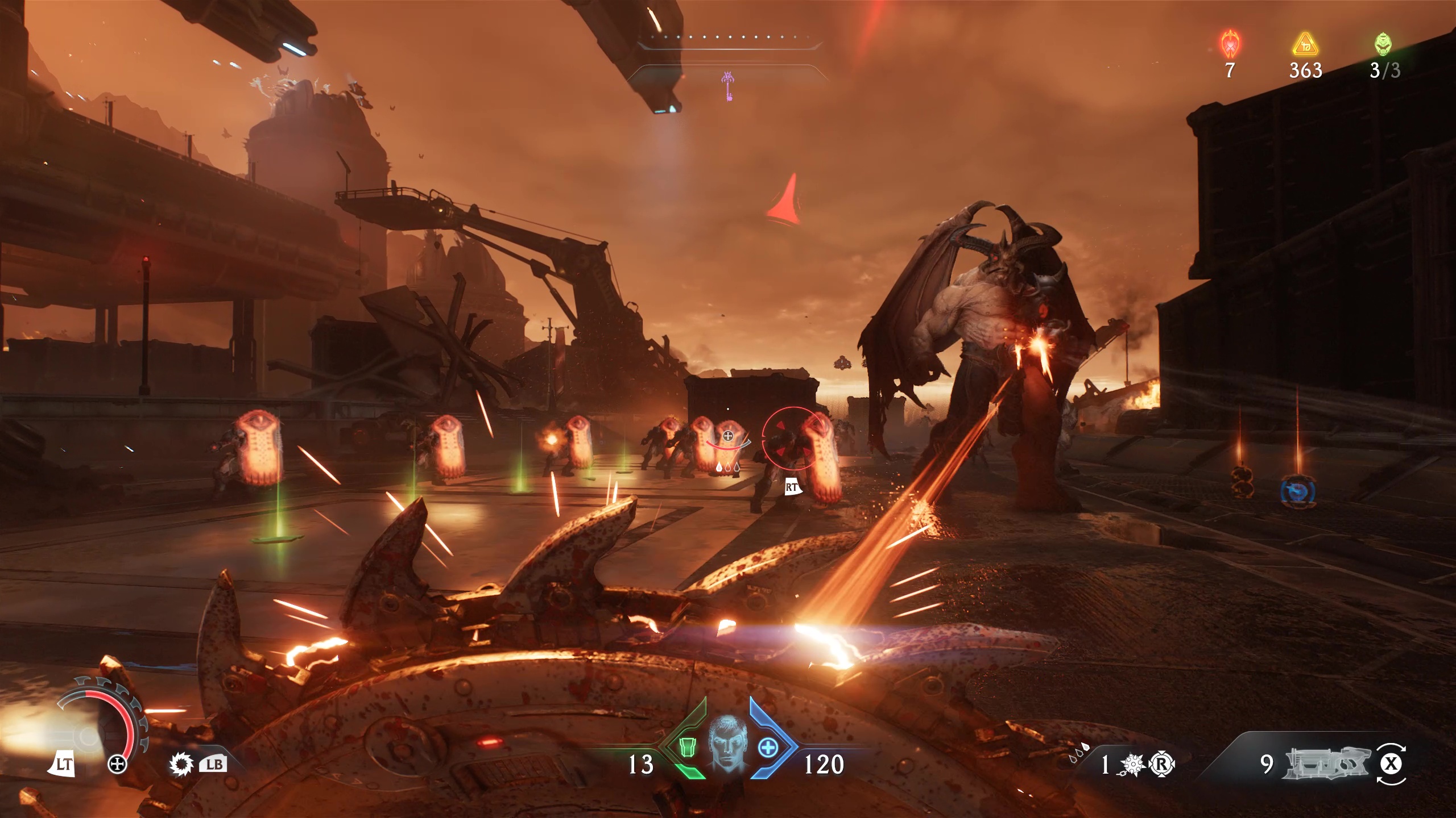 The Doomslayer soaks blasts from a Cyberdemon in Doom: The Dark Ages