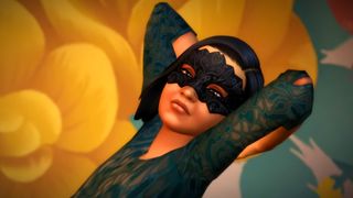 The Sims 4 Lovestruck reveal trailer screenshot showing an adult woman with short black hair and a dark lace mask dancing, her hands crossed behind her head