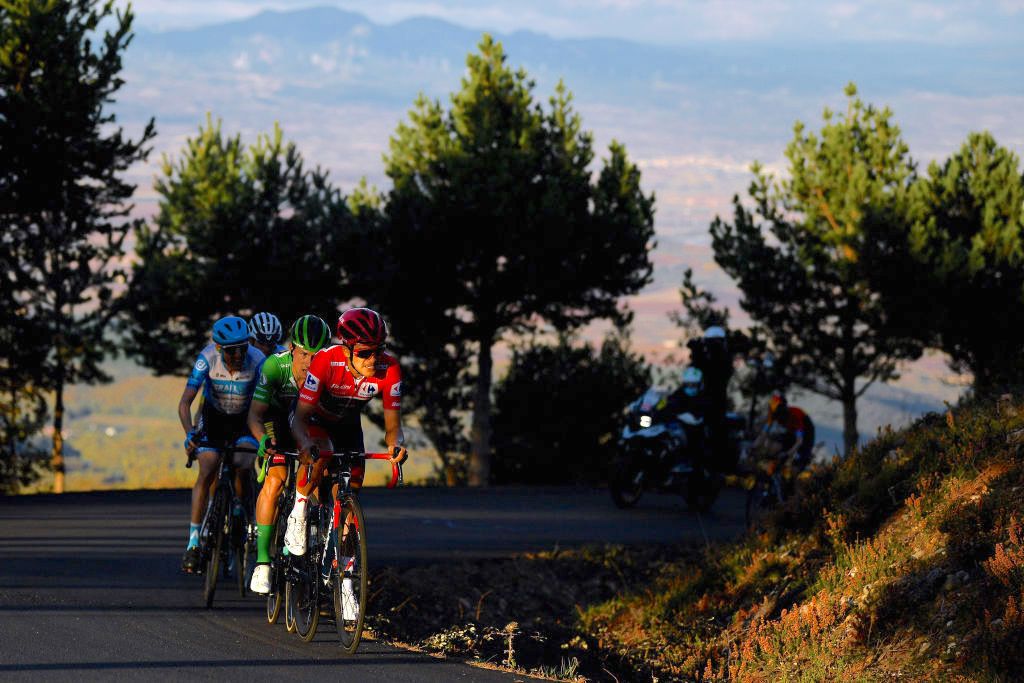 ALTO-DE-MONCALVILLO, SPAIN - OCTOBER 28: Richard Carapaz of Ecuador and Team INEOS - Grenadiers Red Leader Jersey / Primoz Roglic of Slovenia and Team Jumbo - Visma Green Points Jersey / Daniel Martin of Ireland and Team Israel Start-Up Nation / Enric Mas Nicolau of Spain and Movistar Team White Best Young Jersey / Shadow / Breakaway / during the 75th Tour of Spain 2020, Stage 8 a 164km stage from Logro&Atilde;&plusmn;o to Alto de Moncalvillo 1490m / @lavuelta / #LaVuelta20 / on October 28, 2020 in Alto de Moncalvillo, Spain. (Photo by David Ramos/Getty Images)