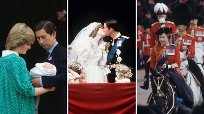 L-R: Princess Diana and Prince Charles with a baby William, Diana and Charles' wedding kiss, Queen Elizabeth II