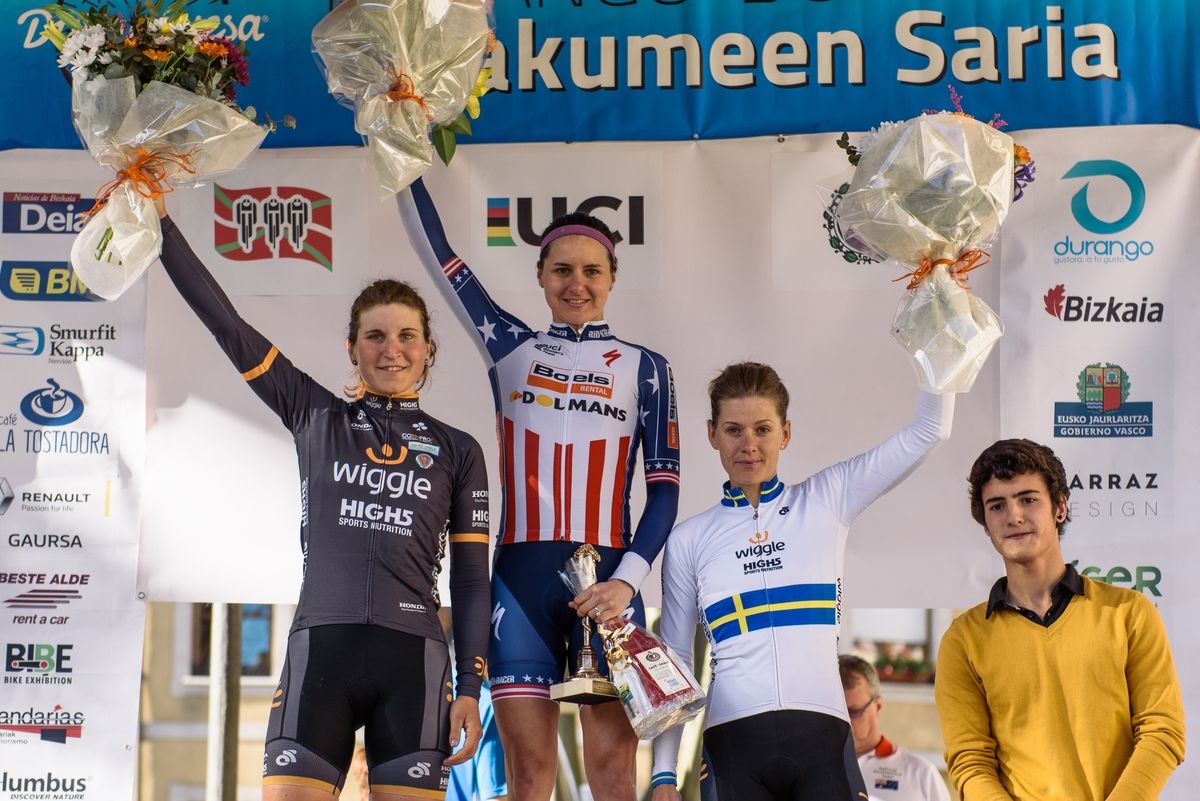 Megan Guarnier topped the Durango-Durango podium ahead of Elisa Longo Borghini and Emma Johansson (Wiggle-High5)