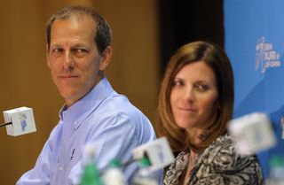 Jim Birrell, race director of the Amgen Tour of California and managing partner of Medalist Sports along with Kristin Bachochin, executive director of the Amgen Tour of California and senior vice president of AEG Sports attend the pre-race press conference prior to the 2014 Amgen Tour of California on May 9, 2014 in Sacramento.