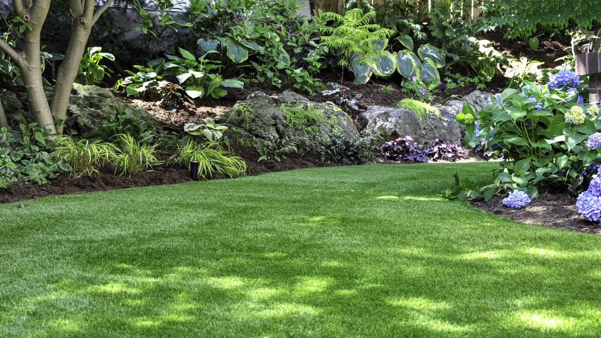 An artificial lawn in a back yard with flowerbeds and plants