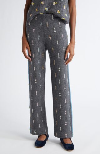 Daisy Embroidered Pointelle Knit Lambswool Track Pants