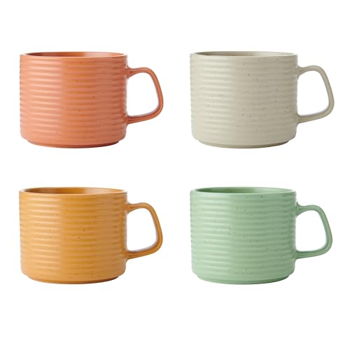 Kitchencraft Idilica Stacking Stoneware Mugs, Set of Four Stackable Coffee Cups, Multi-Coloured, 4ml Capacity, Dishwasher and Microwave-Safe