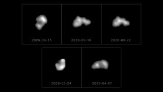 five square images of a lumpy grey rock on a black background
