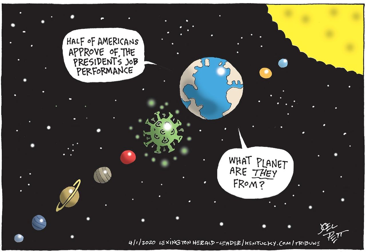 Political Cartoon U.S. Trump Americans Coronavirus approval rating confusing planet