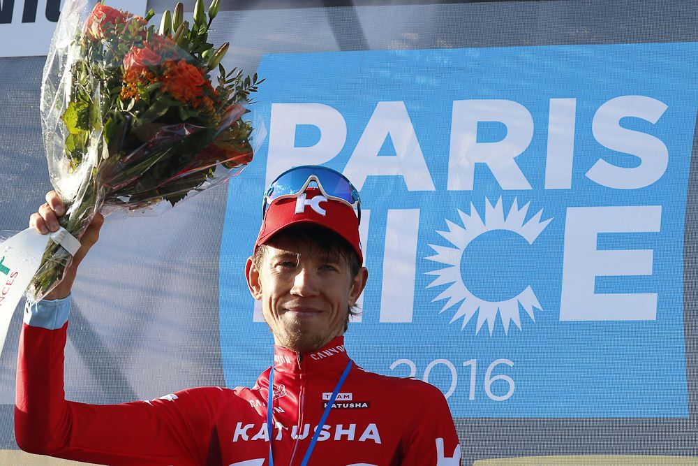 Stage winner Ilnur Zakarin on the stage 6 podium at Paris-Nice
