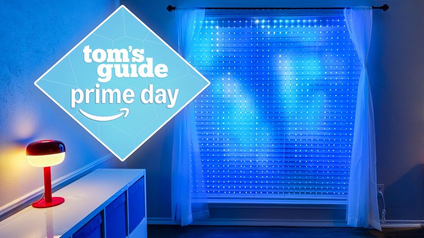 The Govee Curtain Lights Pro installed on a window with a Tom&#039;s Guide Prime Day deals badge on top