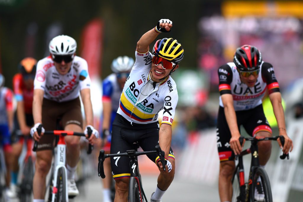ZINAL VAL DANNIVIERS SWITZERLAND APRIL 30 Sergio Andres Higuita Garcia of Colombia and Bora Hansgrohe Team celebrates at finish line as stage winner during the 75th Tour De Romandie 2022 Stage 4 a 1801km stage from Aigle to Zinal Val dAnniviers 1664m TDR2022 on April 30 2022 in Zinal Val dAnniviers Switzerland Photo by Dario BelingheriGetty Images