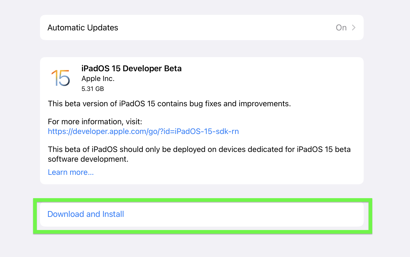 iPadOS 15 beta developer step 16 — Download and Install