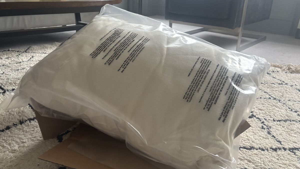 The Birch Organic Pillow unboxed but still in its plastic packaging.