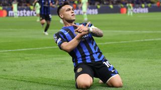 Lautaro Martinez celebrates his goal against Barcelona