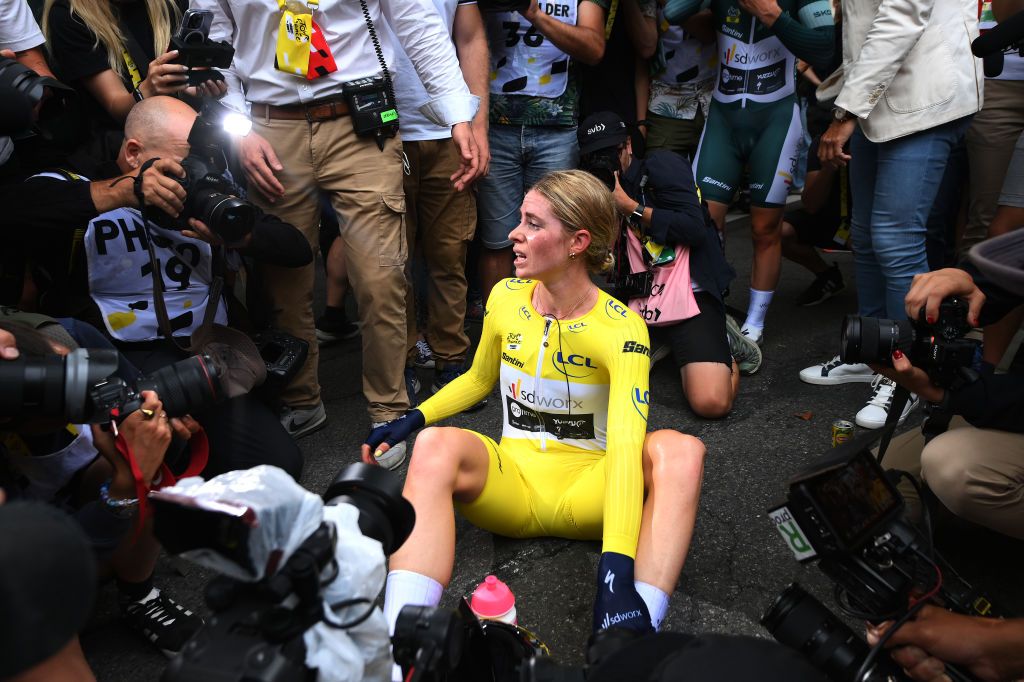 PAU FRANCE JULY 30 Demi Vollering of The Netherlands and Team SD Worx Protime Yellow leader jersey celebrates at finish line as final overall winner during the 2nd Tour de France Femmes 2023 Stage 8 a 226km individual time trial stage from Pau to Pau UCIWWT on July 30 2023 in Pau France Photo by Alex BroadwayGetty Images