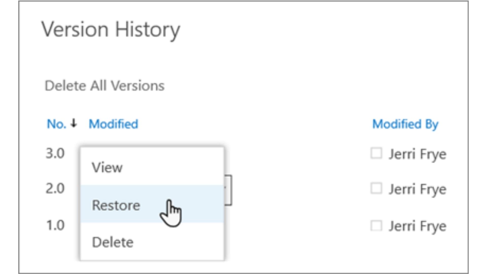 Screenshot of the version history dropdown menu in OneDrive