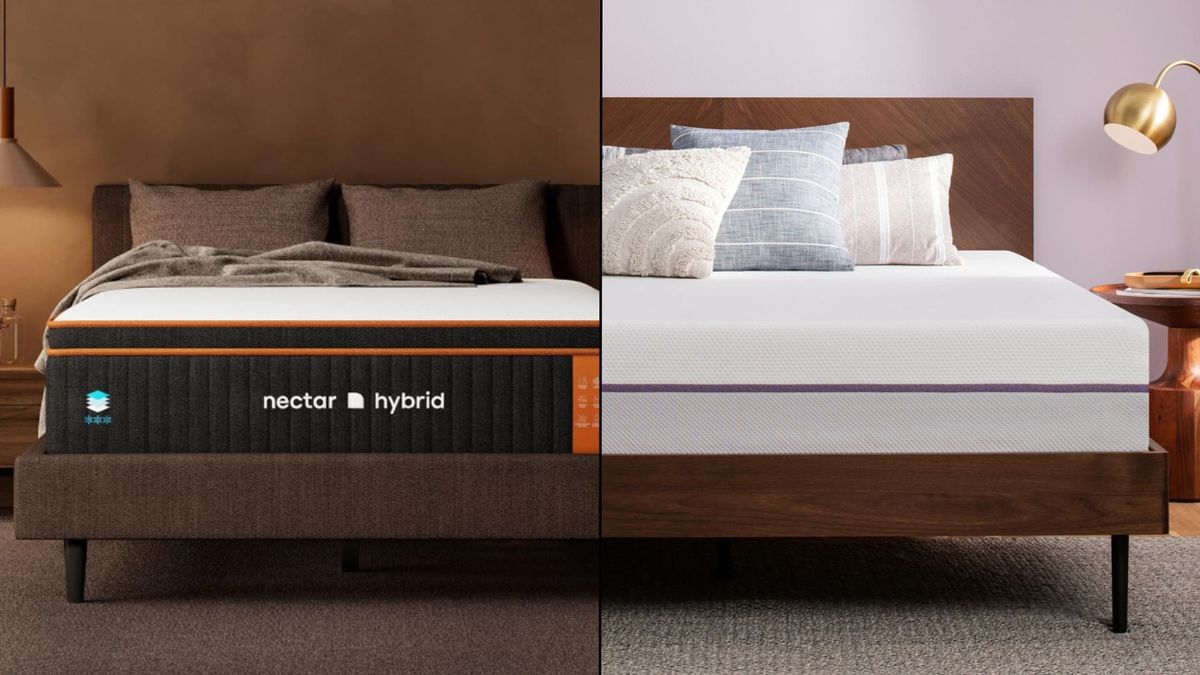 Nectar Premier Copper vs Purple Mattress.The Nectar is in a brown brown with a wooden bed frame. The purple is in a lighter room with a light purple wall, wooden bed frame and cushions on the bed.