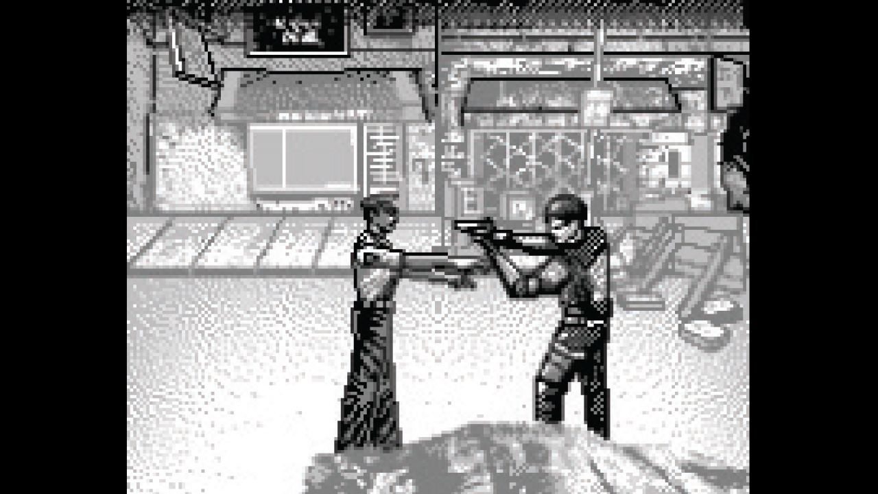 Leon Kennedy aims at a shambling zombie policeman in Resident Evil 2 for the Tiger GameCom