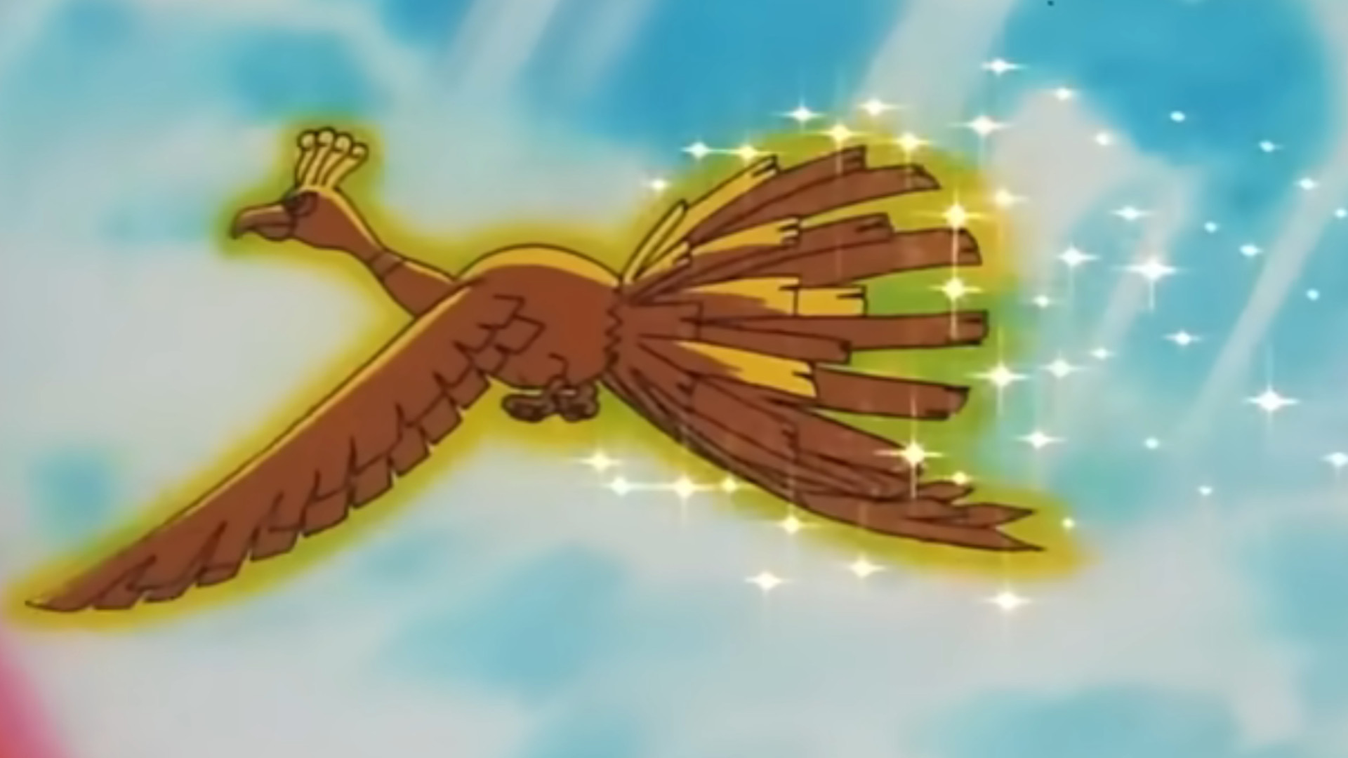 legendary bird ho-oh bathed in gold as it glides through the sky leaving a shimmering trail of stardust behind it