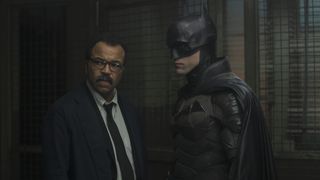 Jim Gordon (Jeffrey Wright) and the Dark Knight (Robert Pattinson) convene in The Batman.