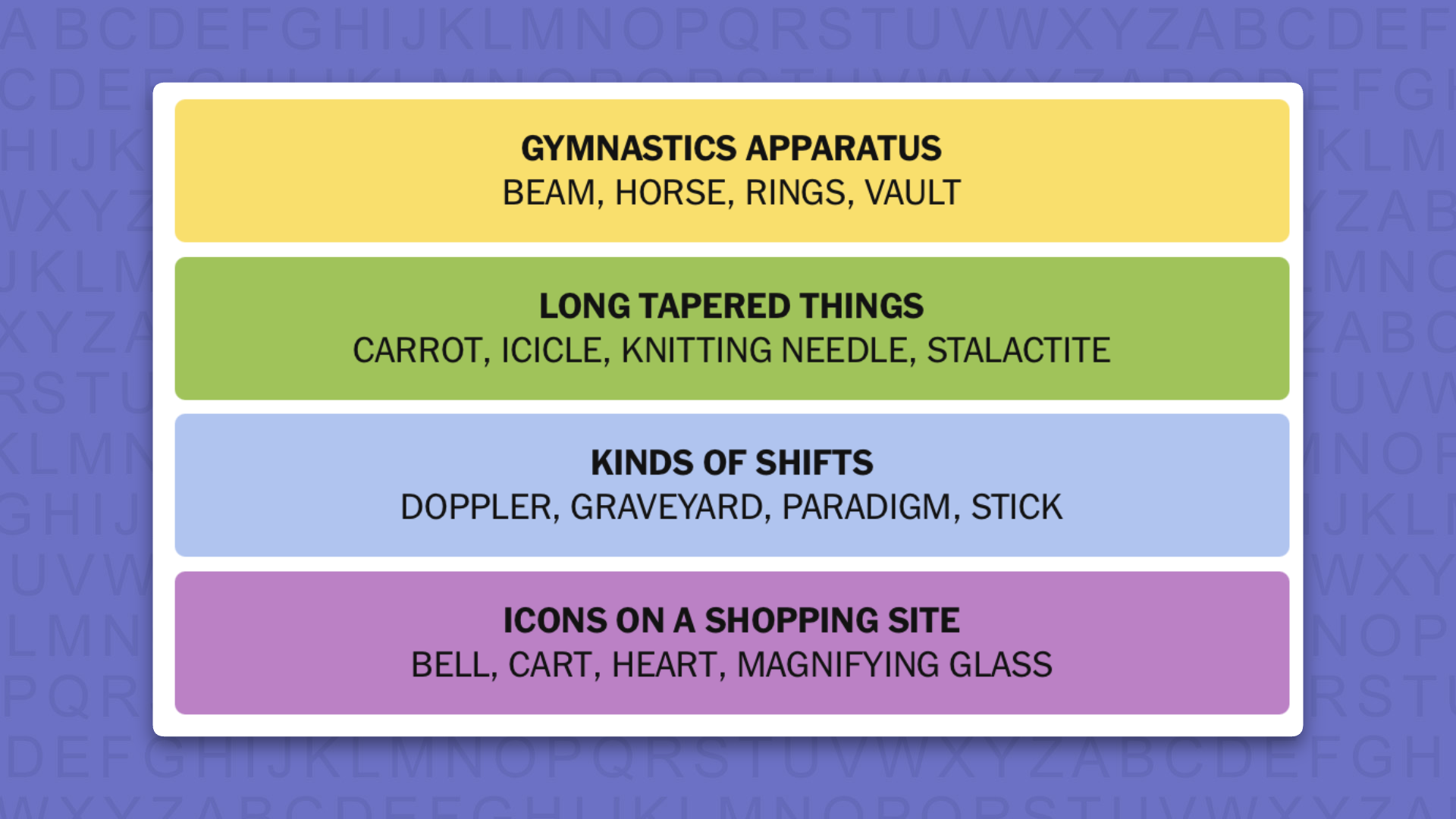 NYT Connections answers for game 1142 on a purple background