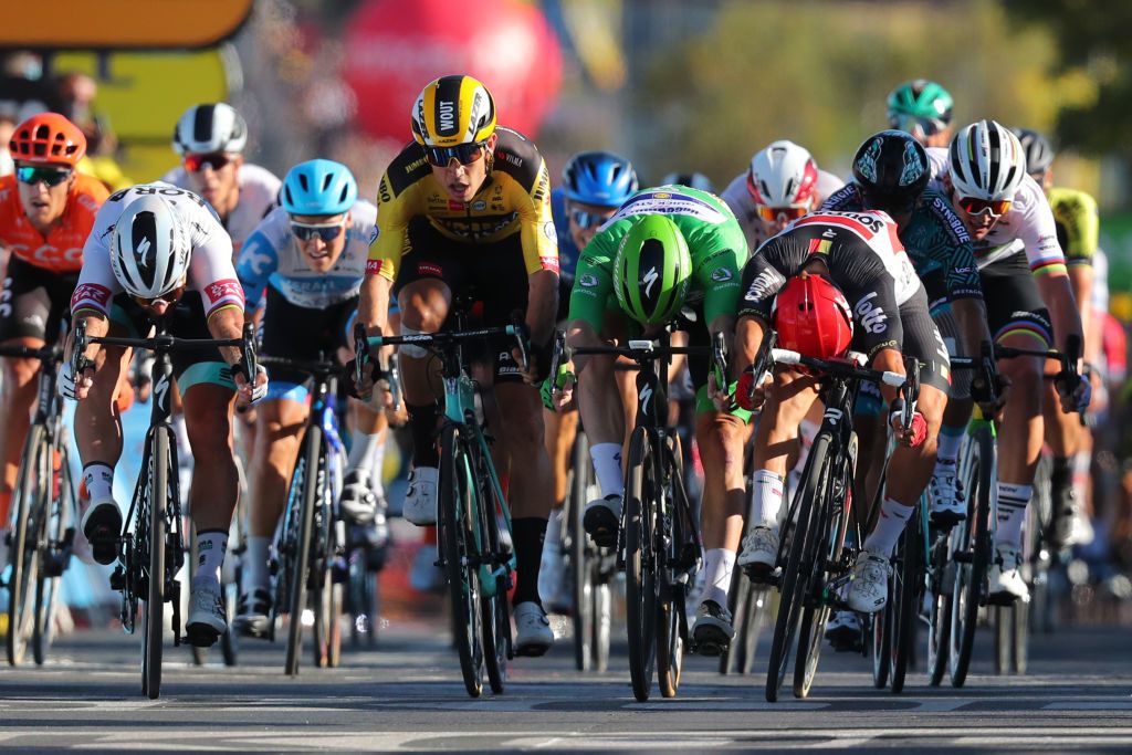 Stage winner Team Lotto rider Australias Caleb Ewan 2ndR crosses the finish line at the end of the 11th stage of the 107th edition of the Tour de France cycling race 167 km between Chatelaillon Plage and Poitiers on September 9 2020 Photo by Thibault Camus POOL AFP Photo by THIBAULT CAMUSPOOLAFP via Getty Images