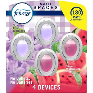 Multipack featuring two pink liquid filled plastic white diffusers and two purple-liquid
