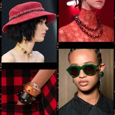 A Chanel model, Valentino model, Lacoste model, Louis Vuitton model, and Saint Laurent model wearing colorful jewelry 