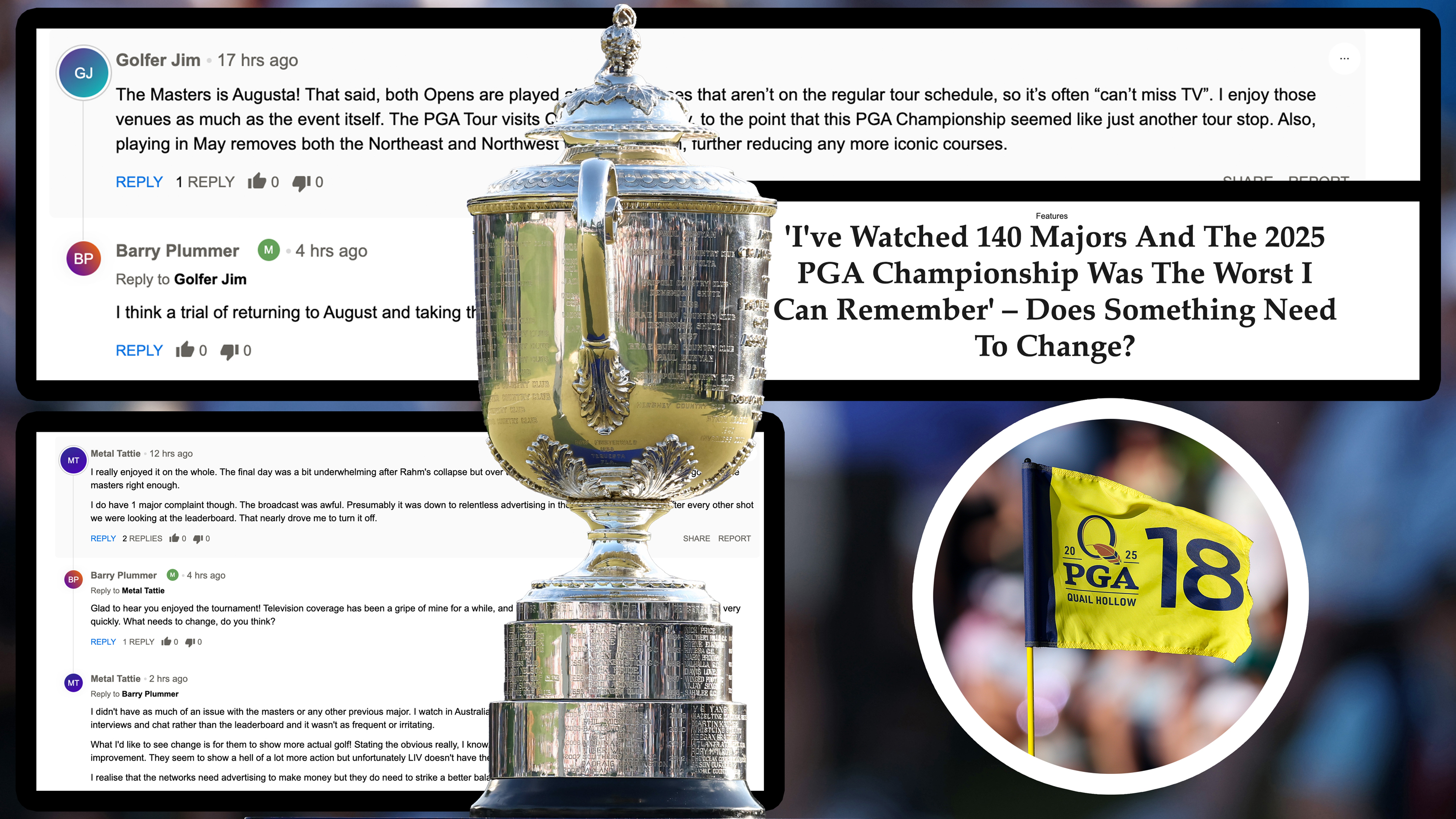 A picture of the PGA Championship Wanamaker Trophy, with inset images of comments from readers on an article that Barry Plummer wrote evaluating the 2025 PGA Championship