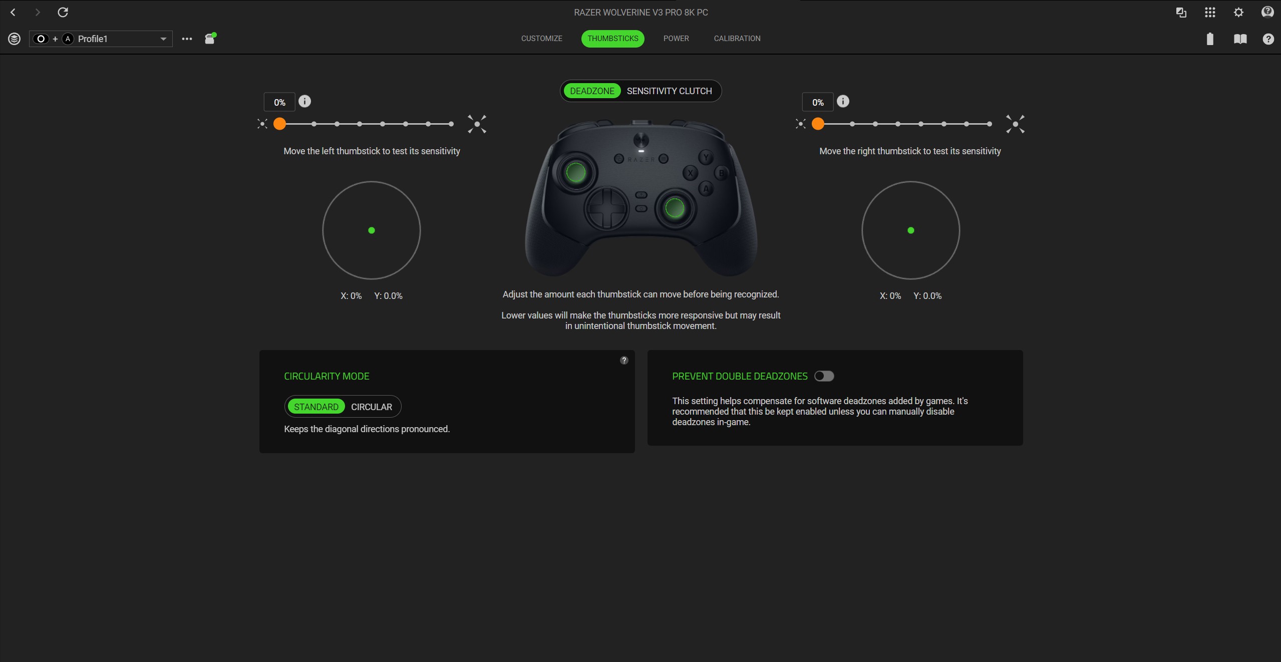 Deadzone settings for the Wolverine V3 Pro 8K PC in Razer Synapse 4.