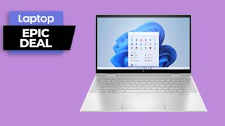 HP Envy x360 laptop with Windows 11 desktop on purple background