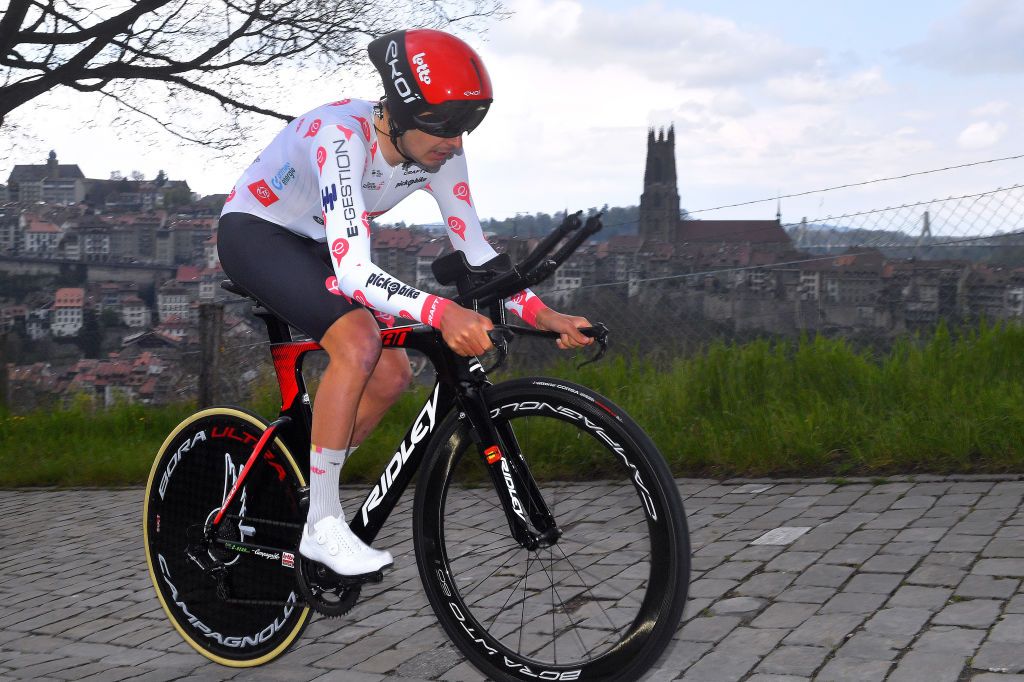 FRIBOURG SWITZERLAND MAY 02 Kobe Goossens of Belgium and Team Lotto Soudal Polka Dot Mountain Jersey during the 74th Tour De Romandie 2021 Stage 5 a 1619km Individual Time Trial stage from Fribourg to Fribourg 614m ITT TDR2021 TDRnonstop UCIworldtour on May 02 2021 in Fribourg Switzerland Photo by Luc ClaessenGetty Images