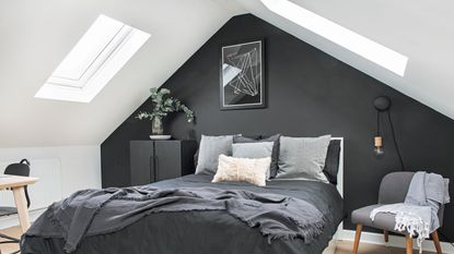 Loft conversion bedroom with roof light and black wall