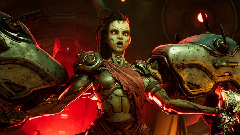 Borderlands 4 weekly update: Callis talking with her arms out to either side, bathed in ominous red light.