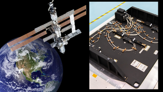 An illustration of the International Space Station over Earth on the left. On the right, a photo of the Multi-Needle Langmuir Probe. 
