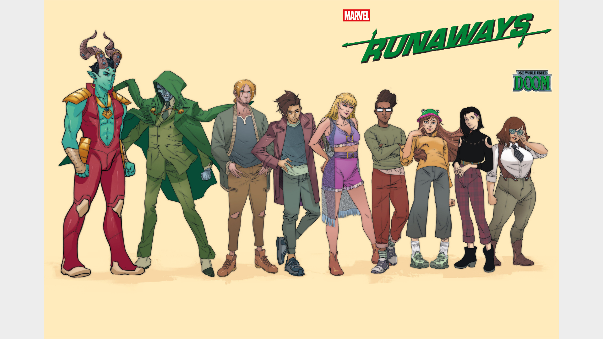 The reunited Runaways posing in order of height