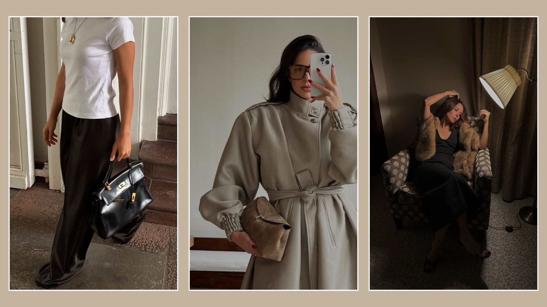 A collage of three women in luxury-looking outfits with gold detailing