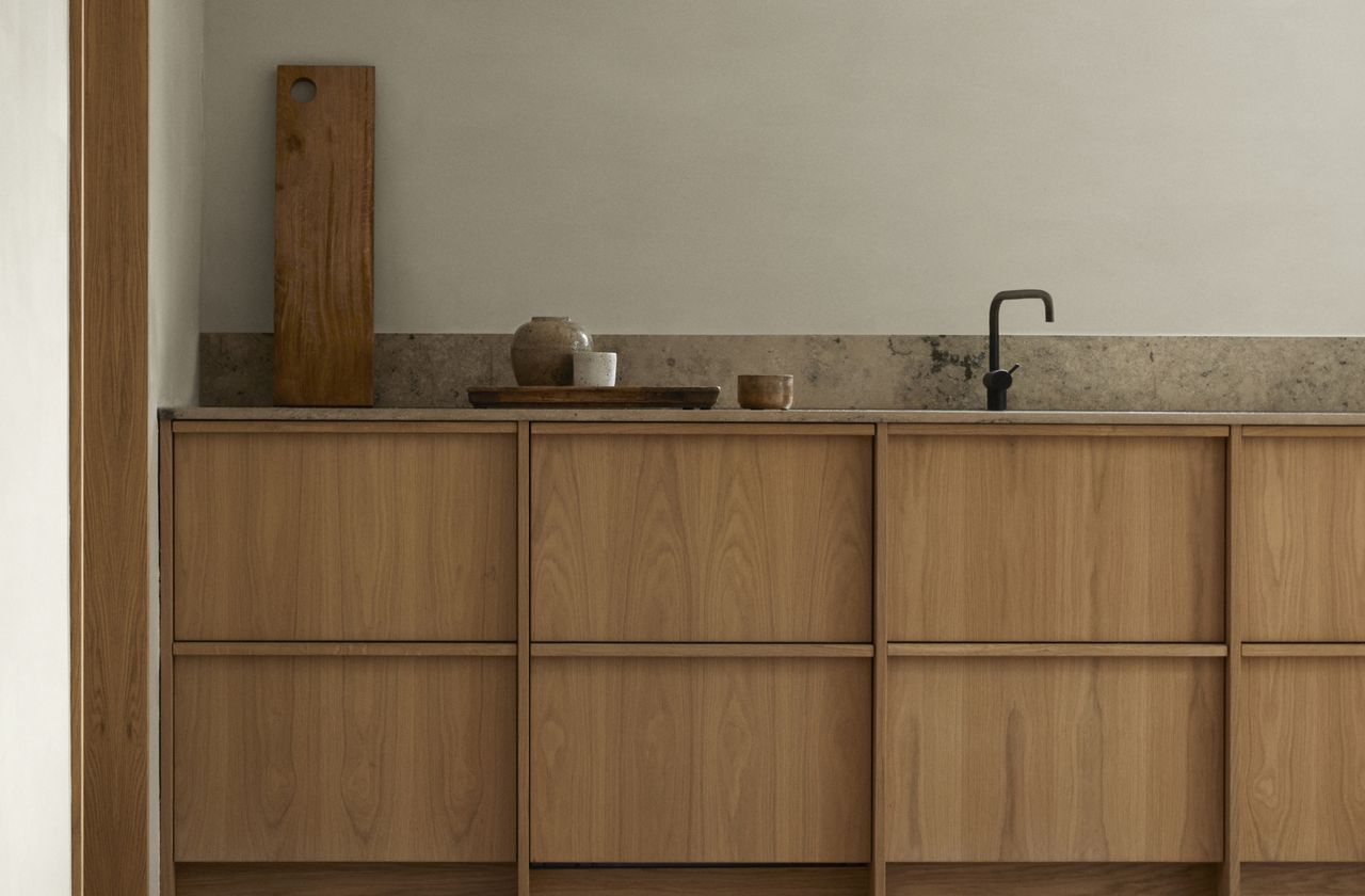 A Japandi-style kitchen featuring wooden furnishings