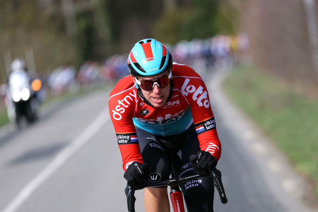 Lotto-DSTNY's Dutch cyclist Pascal Eenkhoorn rides in a breakaway during the 2nd stage of the Paris-Nice cycling race, 179 km between Thoiry and Montargis, on March 4, 2024. (Photo by Thomas SAMSON / AFP)