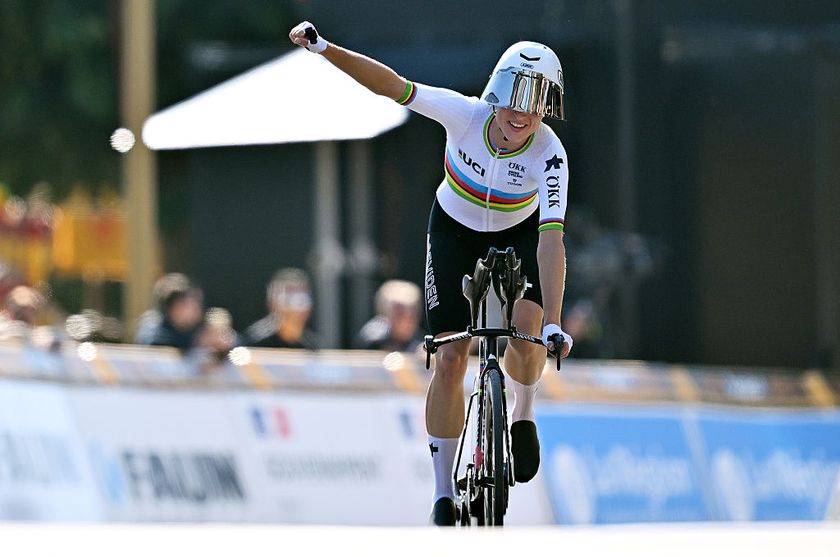 Marlen Reusser (Switzerland) punches the air as she wins the European title in the time trial
