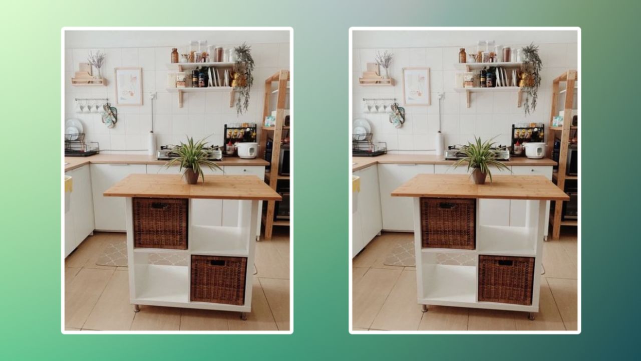 Two images of a kitchen island with shelves