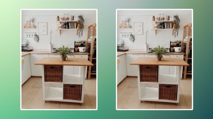 Two images of a kitchen island with shelves
