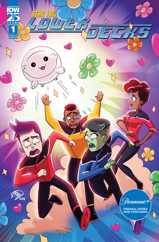 a cute alien creature hovers over four running cartoon figures in spaceship uniforms