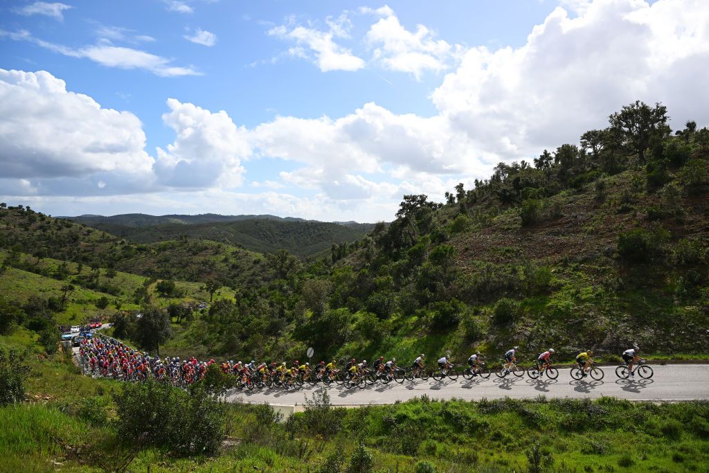 FARO PORTUGAL FEBRUARY 22 A general view of the peloton passing through a landscape during the 51st Volta ao Algarve em Bicicleta Stage 4 a 1752km stage from Albufeira to Faro on February 22 2025 in Faro Portugal Photo by Tim de WaeleGetty Images