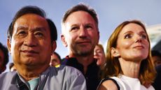 Red Bull heir Chalerm Yoovidhya, Christian Horner and his wife Geri at the Bahrain Grand Prix on Saturday