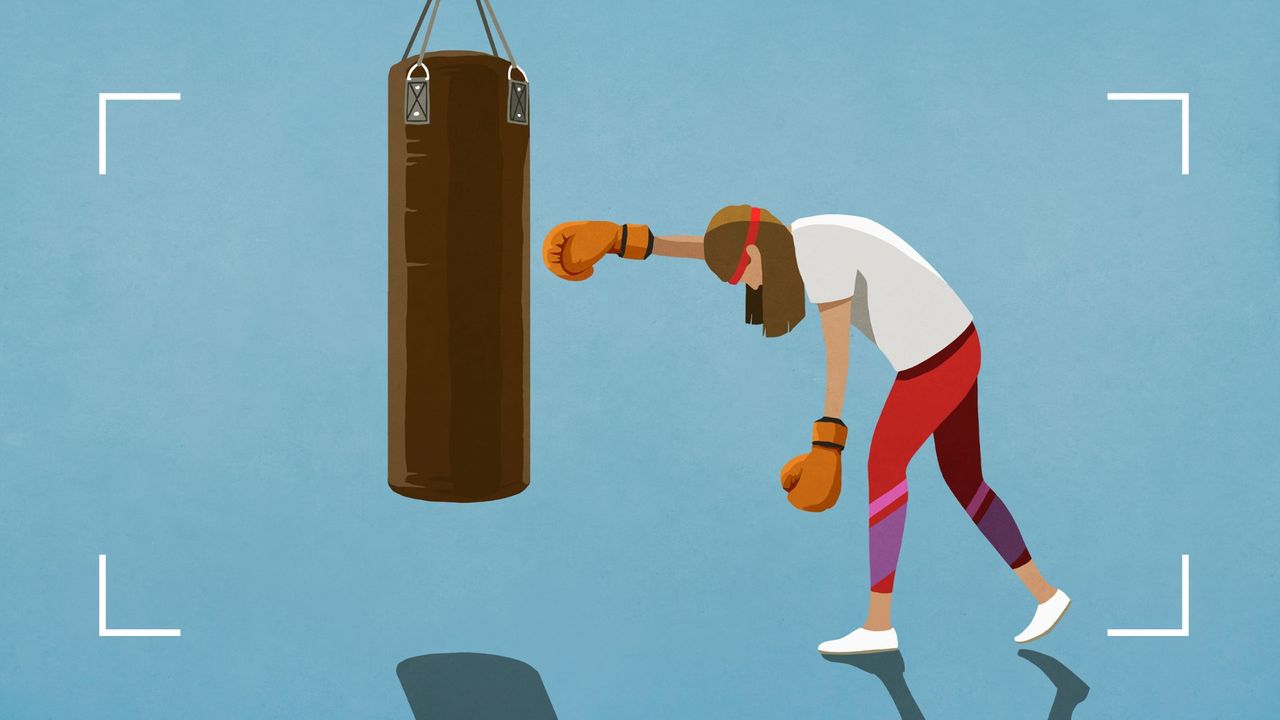 Illustration of exhausted woman boxing punchbag on blue background, to represent exercise burnout