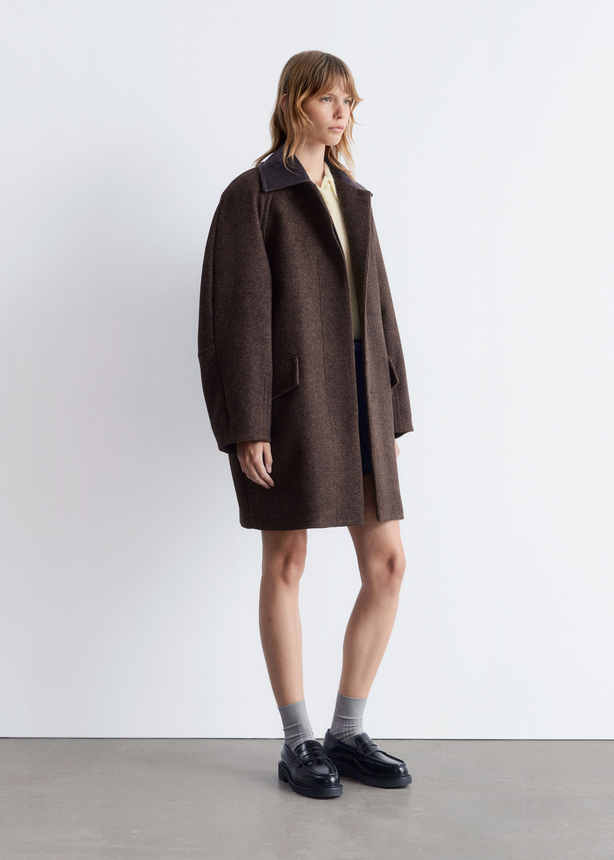 Oversized Leather-Collar Wool Coat