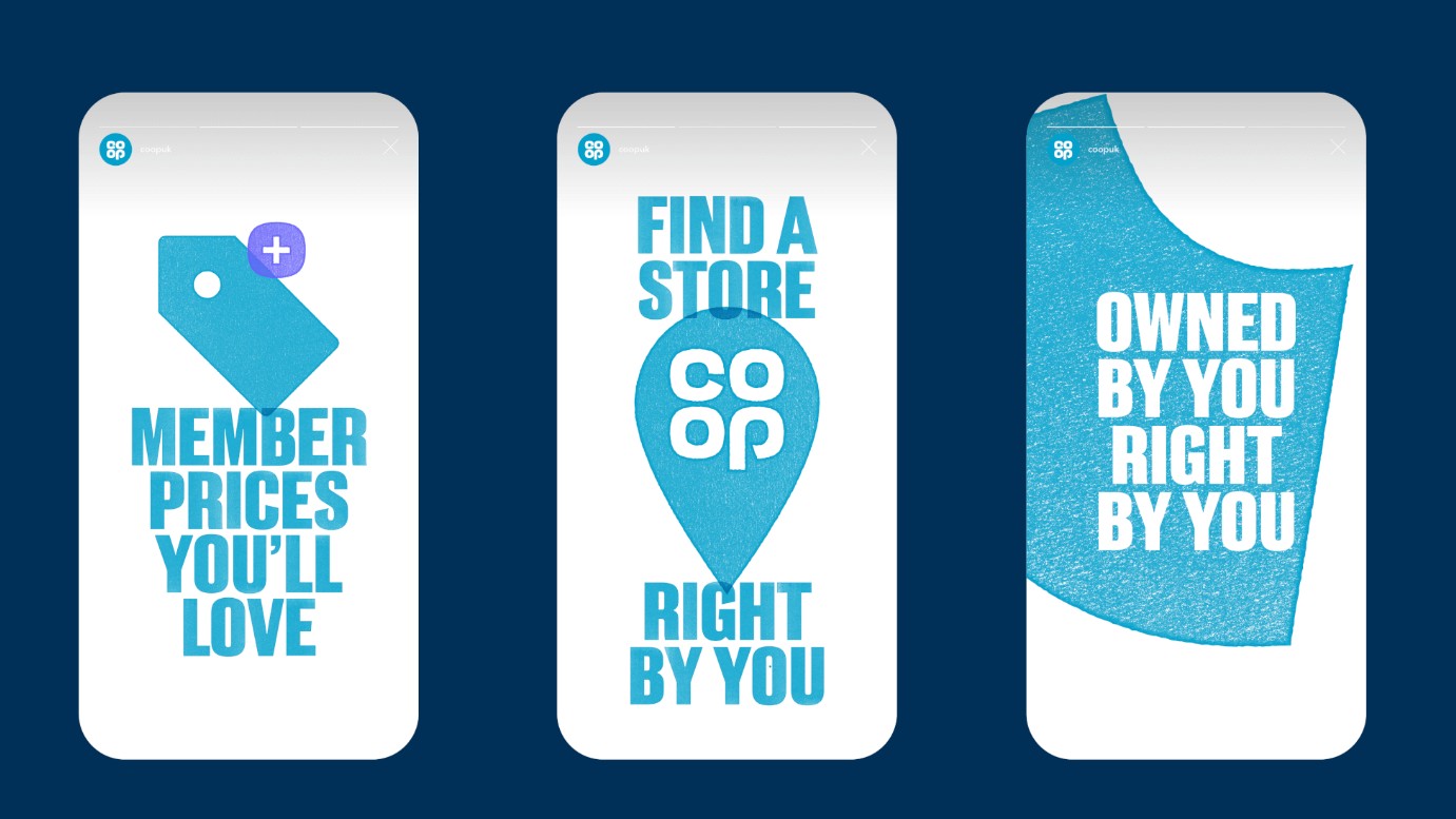 Three smartphone screens showing visual assets for Co-op