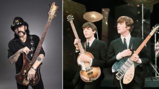 British Rock musicians Paul McCartney (left) and John Lennon (1940 - 1980), of the group the Beatles, perform on the set of 'The Ed Sullivan Show' at CBS's Studio 50, New York, New York, February 8, 1964. 