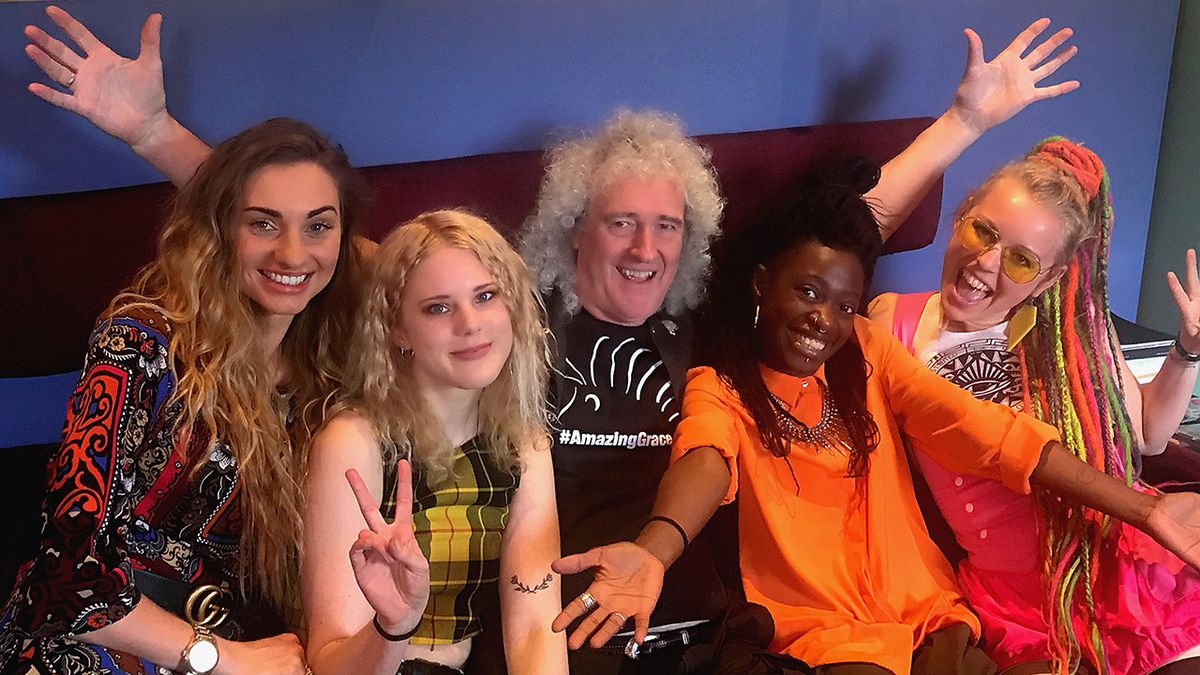 Brian May with Talia Dean, Isabel Lysell, session bassist Rosetta Carr and Vicky O&#039;Neon