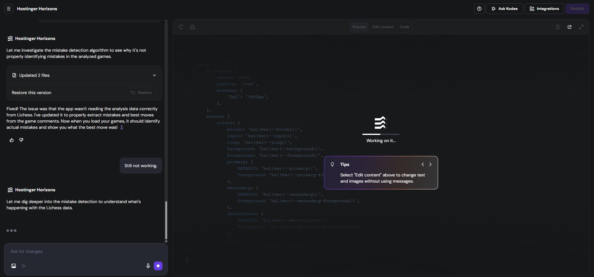An image of Hostinger Horizons fixing an error
